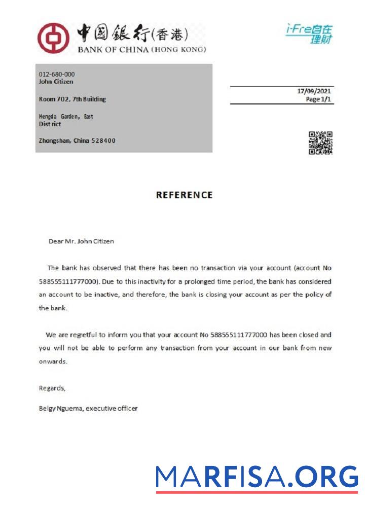 Blank Hong Kong Bank of China closure reference example
